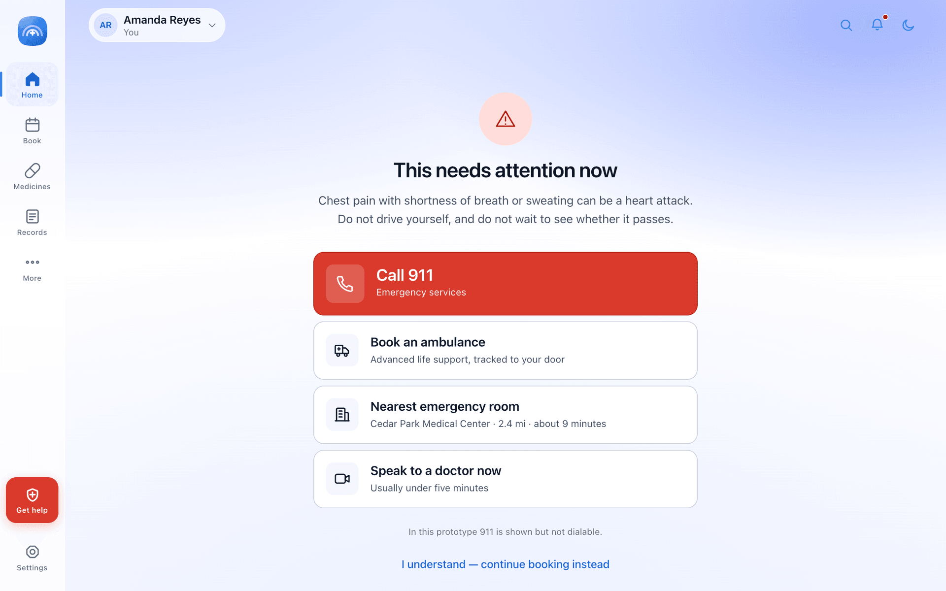 The escalation screen. It interrupts the booking flow rather than appending a warning to it, and it still leaves a way back for the person who knows their own situation better than the questionnaire does.