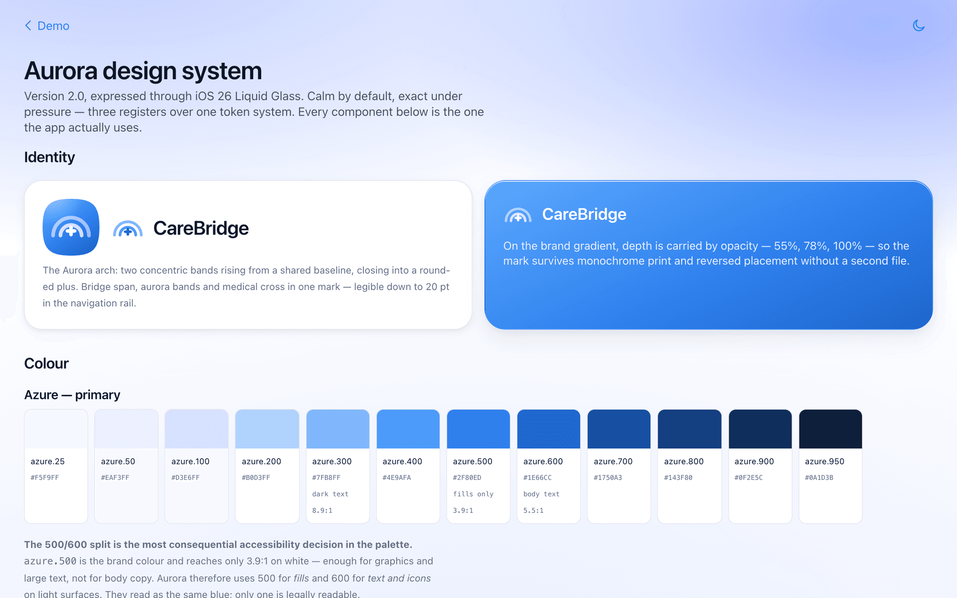 The azure ramp with its contrast ratios printed on the swatches. The 500 and 600 steps read as the same blue; only one of them is legible as body text, and the system is explicit about which.