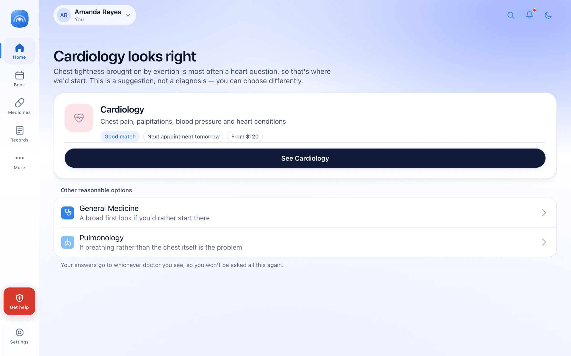 The routing result states the department, the reasoning that got there, and its own status: a suggestion, not a diagnosis. The offer to book something general instead never disappears.