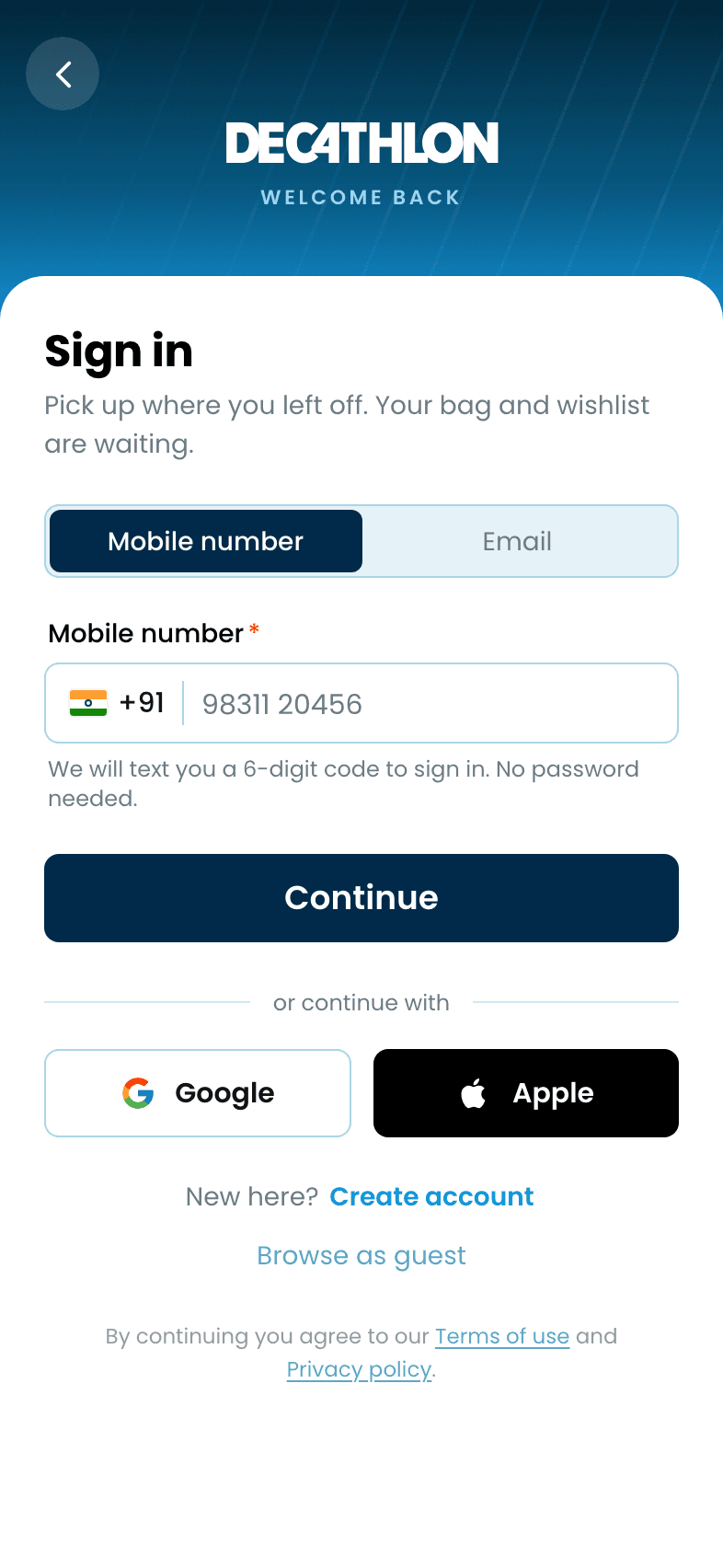 Decathlon: App Redesign, Sign in