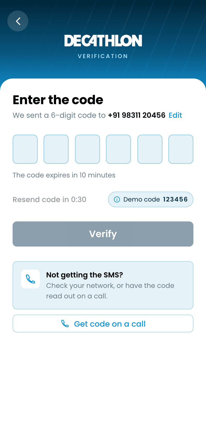 Decathlon: App Redesign, One-time code