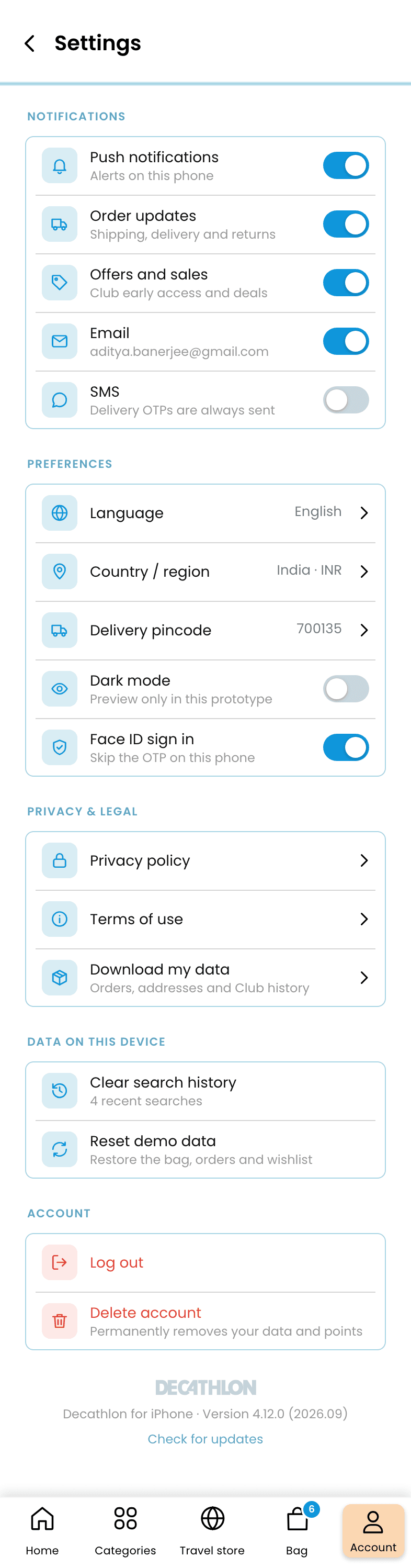 Decathlon: App Redesign, Settings