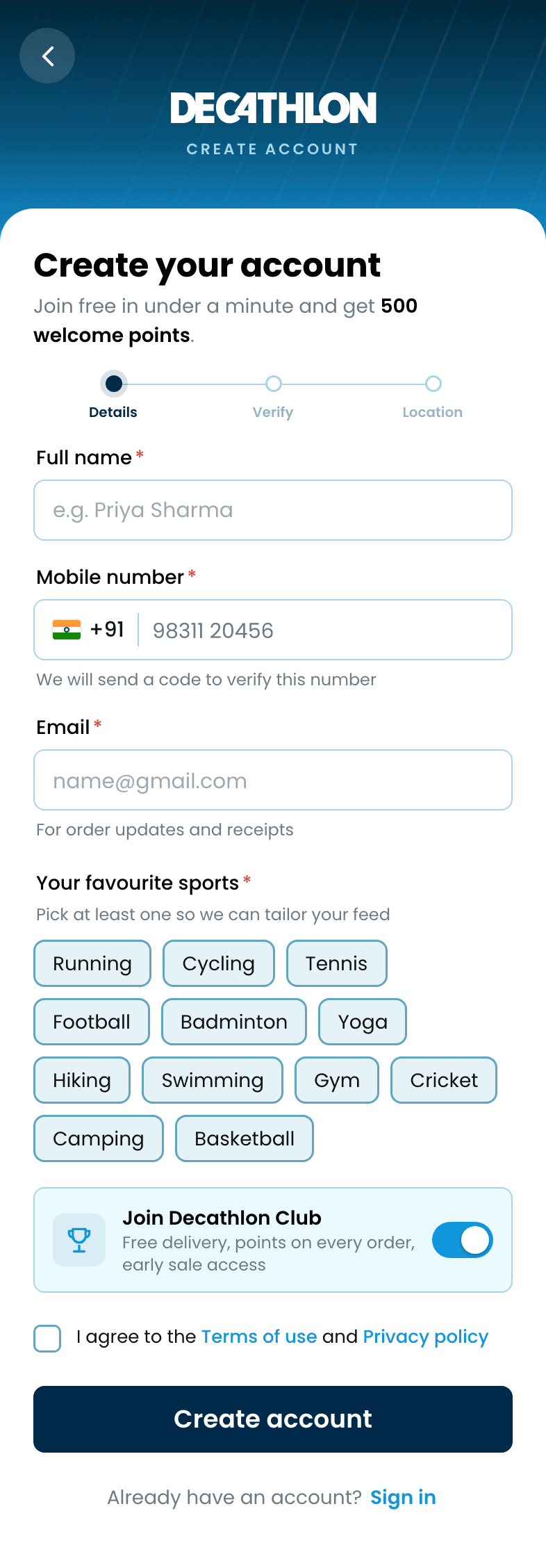 Decathlon: App Redesign, Create account