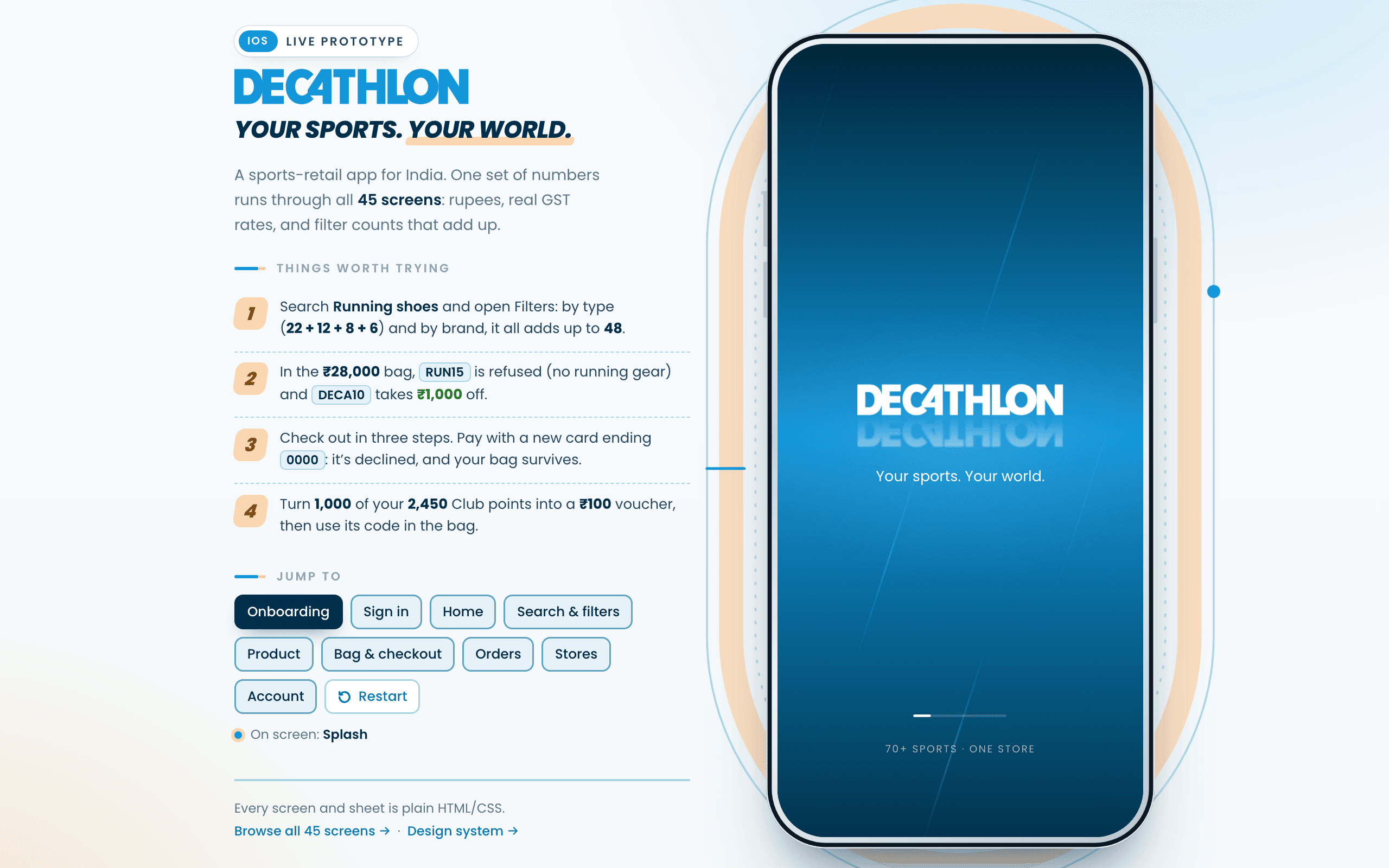 The Decathlon demo: the app's splash in a handset on a running-track stage, beside a panel of things to try and jump-to shortcuts for every flow