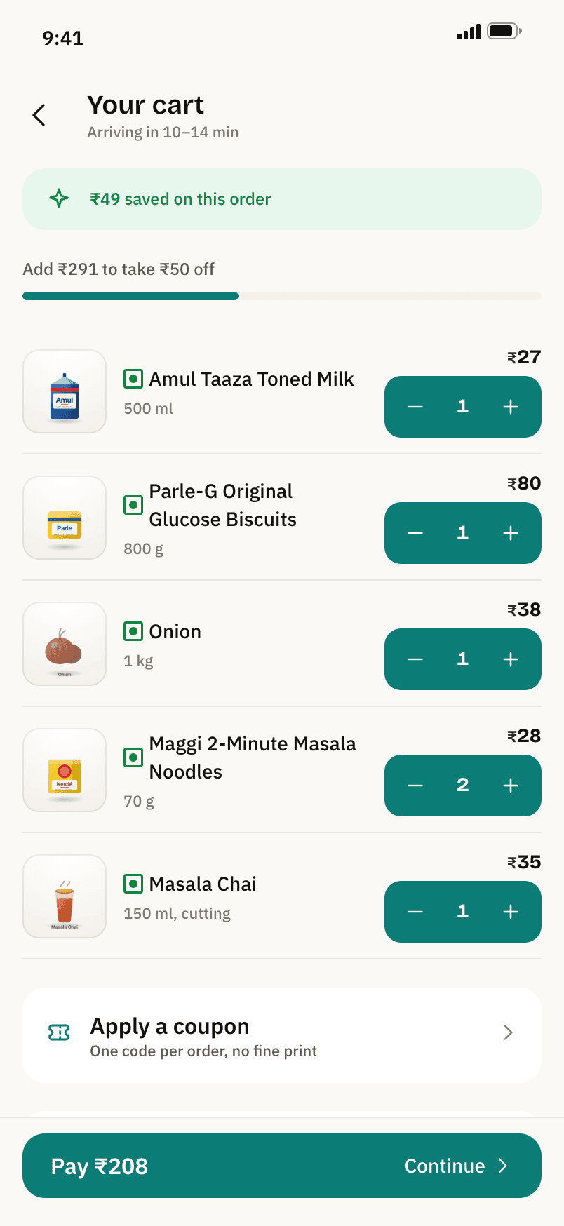 The cart: five items, a savings banner, a progress bar toward the next discount, and the expanded bill with Pay ₹208 on the button