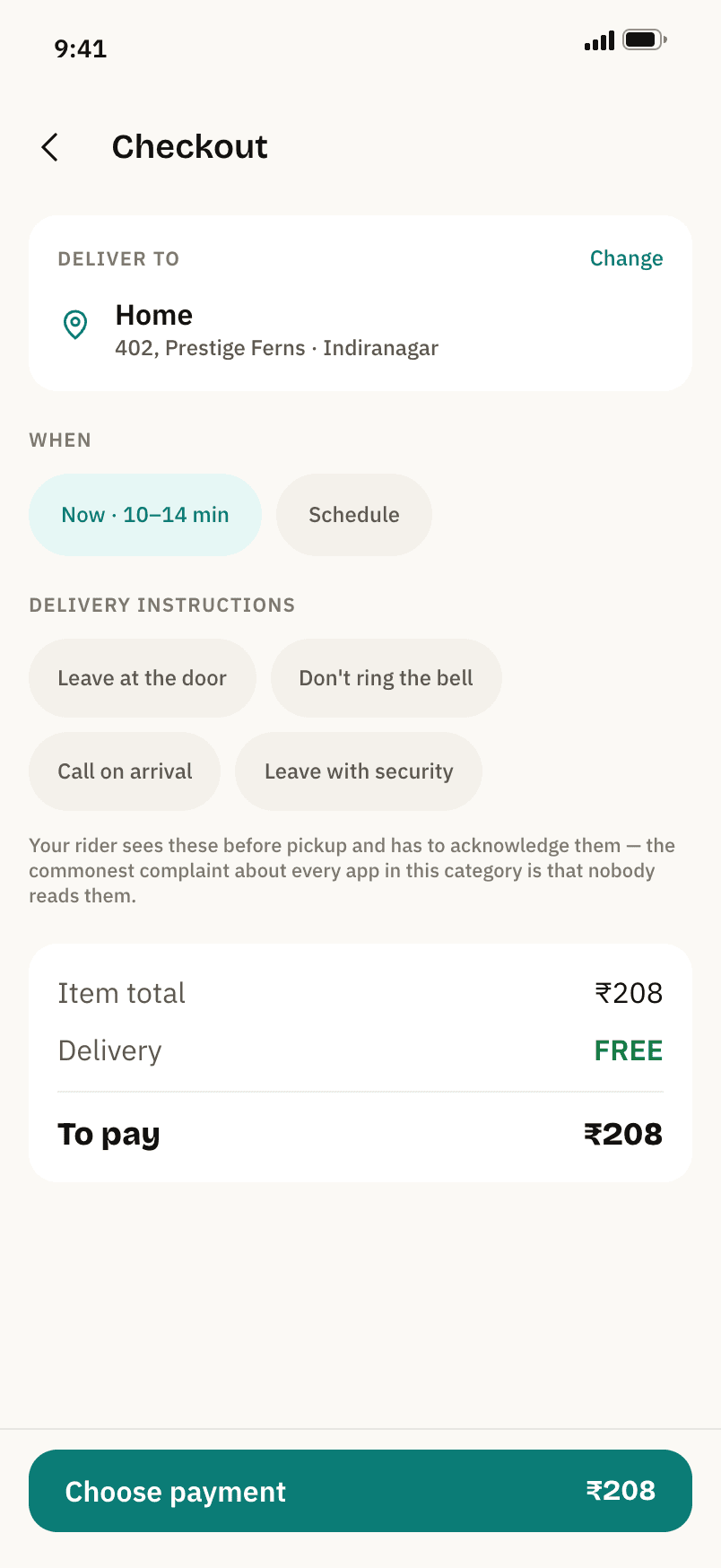 Nukkad, Delivery instructions the rider has to acknowledge before pickup.