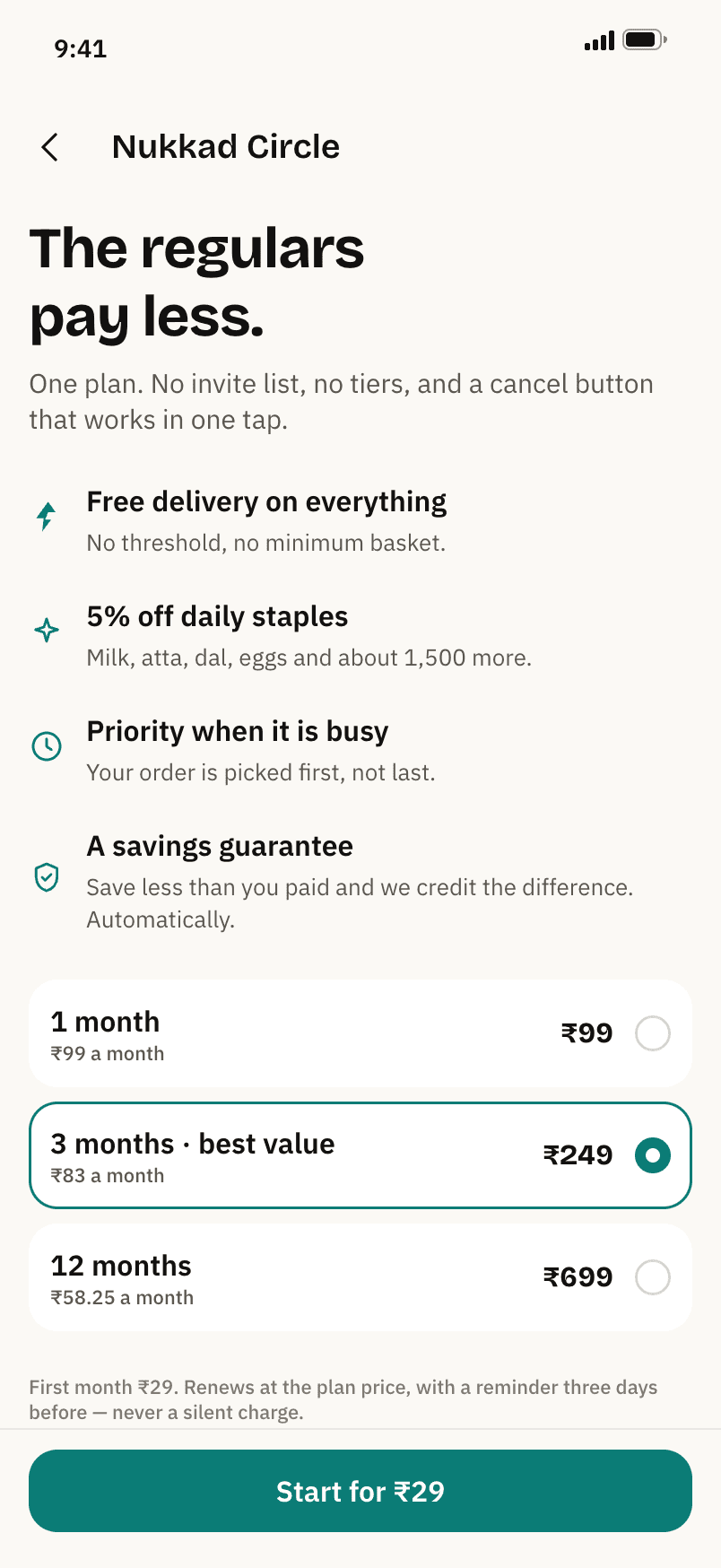 Nukkad, One plan, three durations. First month ₹29, a reminder three days before.