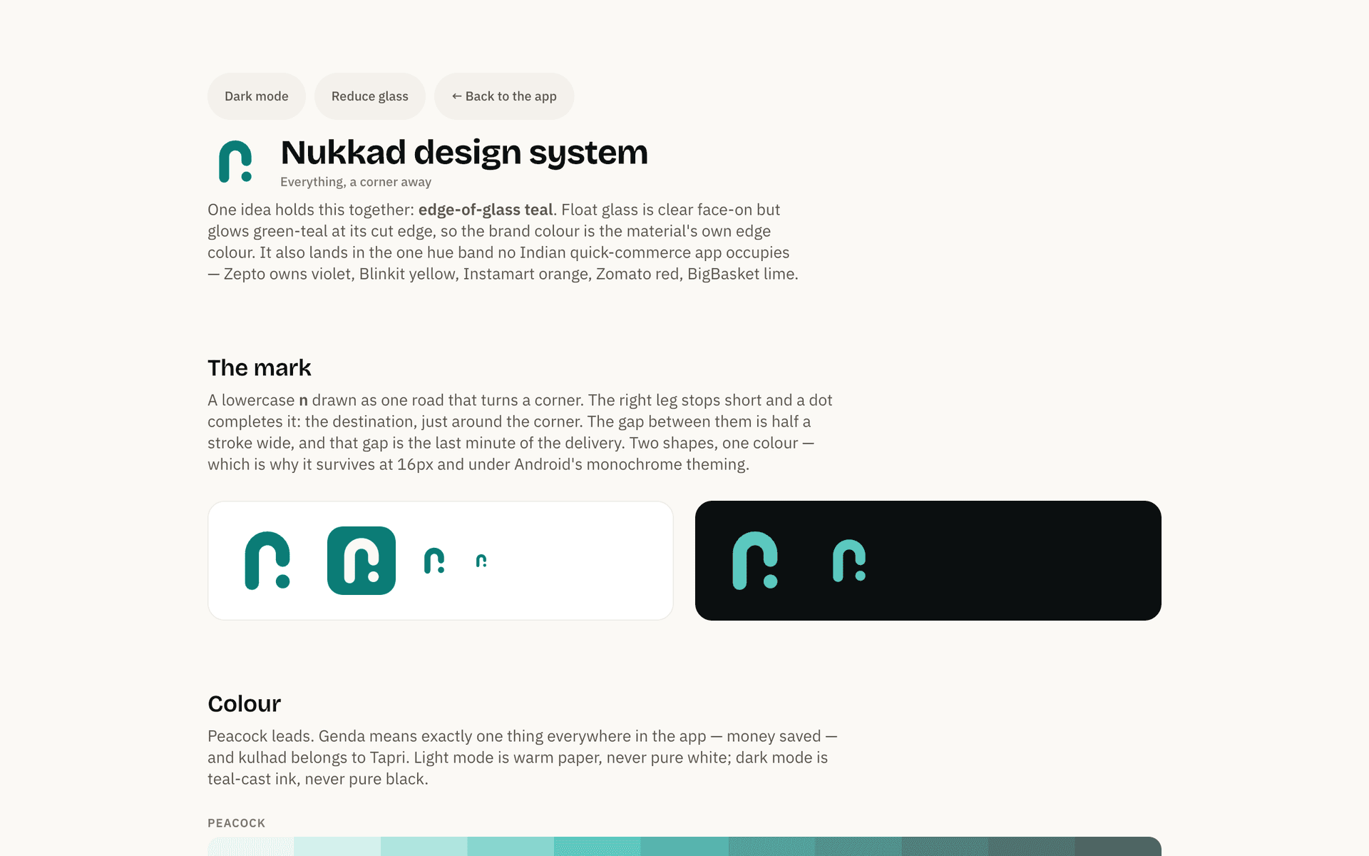 The living design system: the mark and its two rejected siblings, five palettes each nameable in one word, the glass tiers with working toggles, and all 86 packshots.
