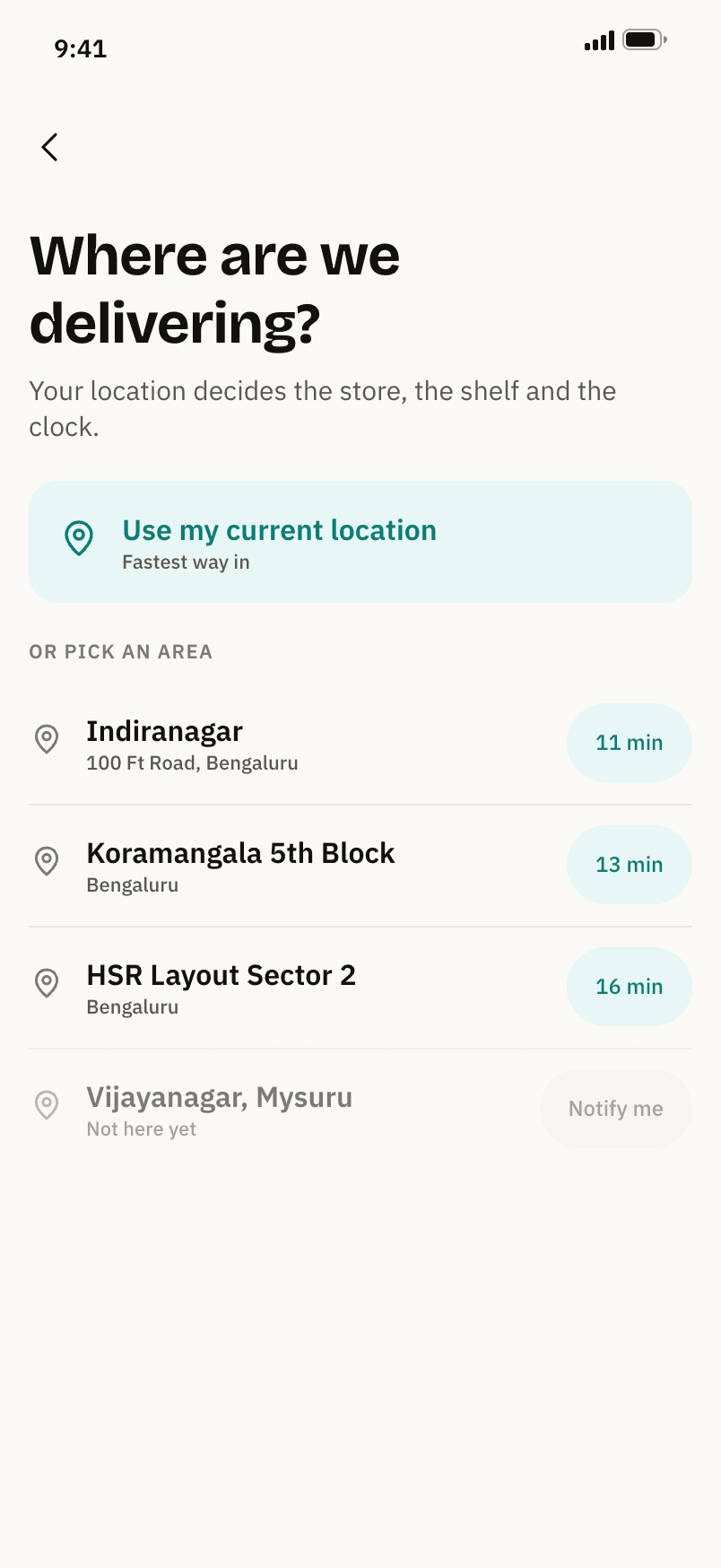 Nukkad, Areas carry live ETA badges. Out of range offers Notify me.