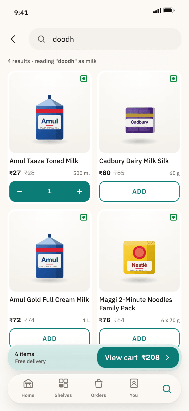 Search results for doodh: four results, a note reading doodh as milk, and product cards with add steppers