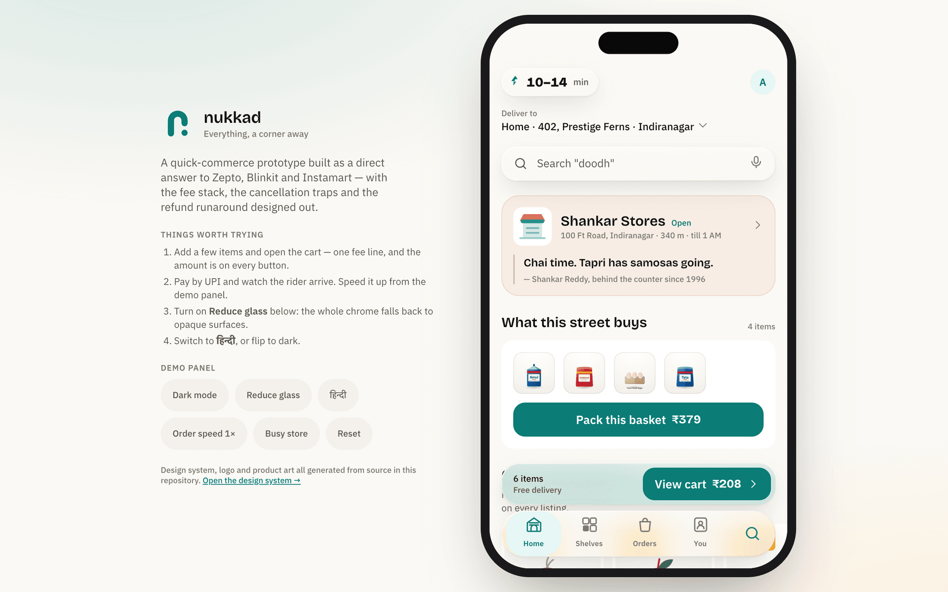 The Nukkad prototype on a desktop: the app in a handset beside a demo panel that switches theme, language and glass