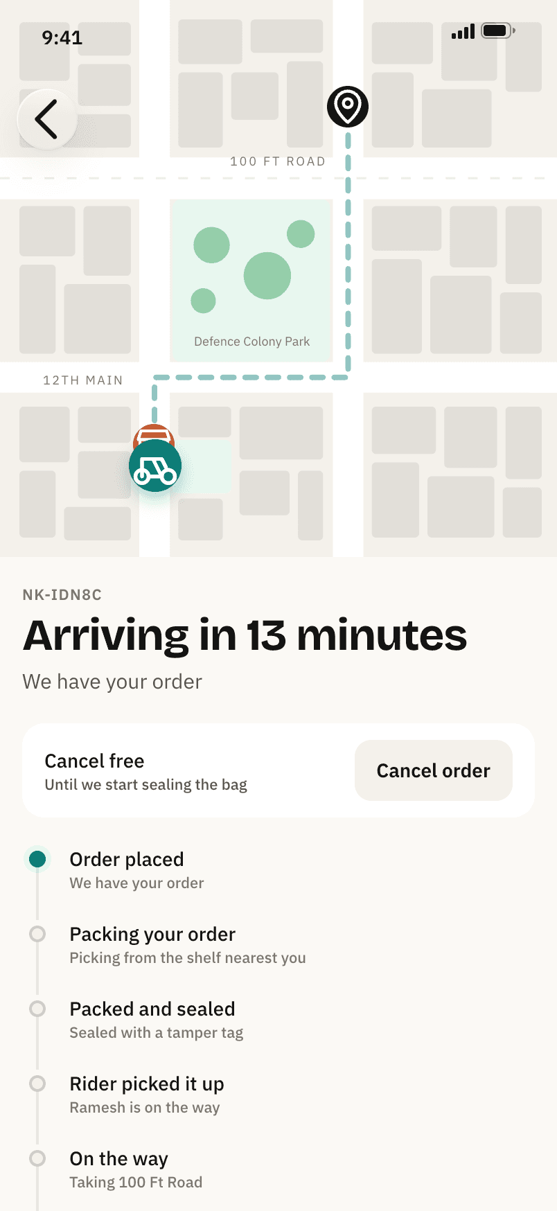 Order tracking: a street map with the rider, Arriving in 13 minutes, a Cancel free control, and a five-step progress list