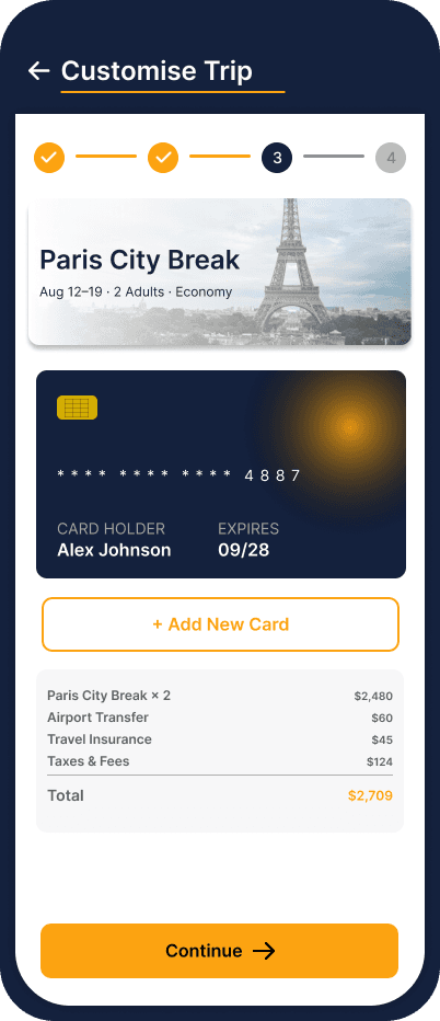 First-pass Voyager payment screen mislabelled Customise Trip