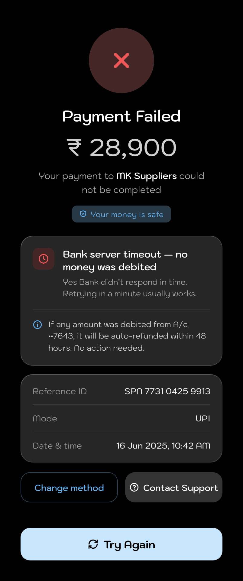 Spendee, Payment failed
