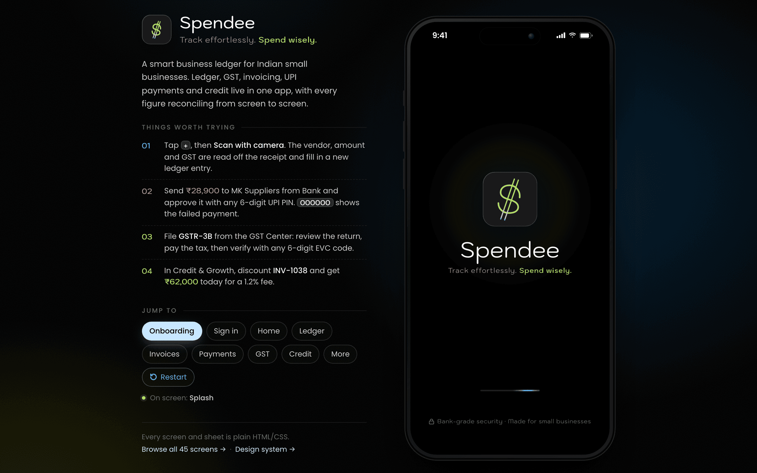 The Spendee demo: the app booting in a handset beside a panel of things to try and jump-to shortcuts for every flow