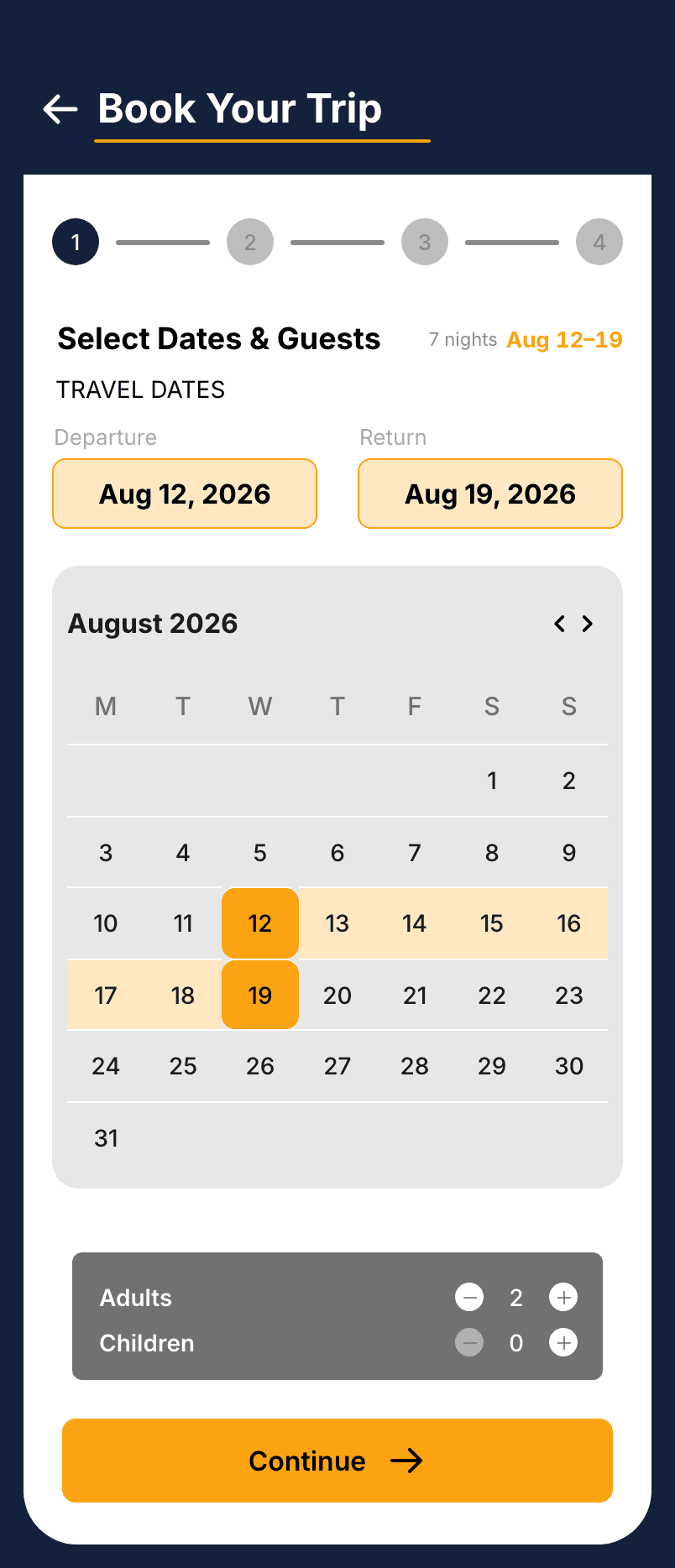 Step one flips to a light surface and shows the stepper up top: the moment logistics begin, the app trades mood for legibility and tells you exactly how far you have to go.