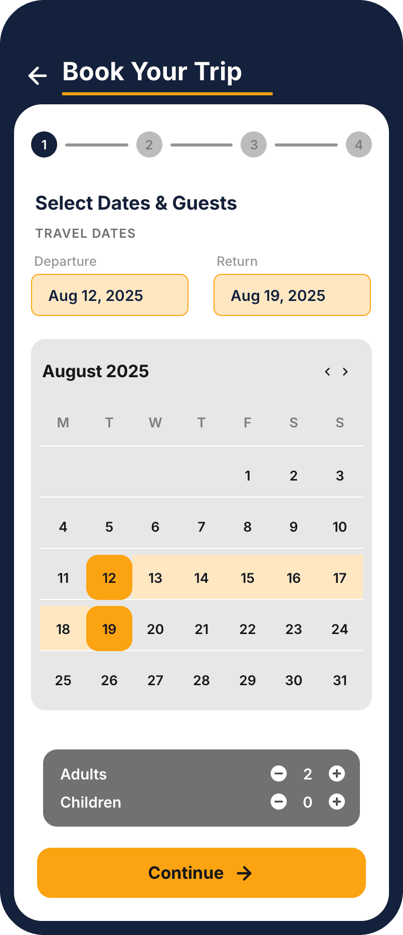 Step one flips to a light surface and shows the stepper up top: the moment logistics begin, the app trades mood for legibility and tells you exactly how far you have to go.