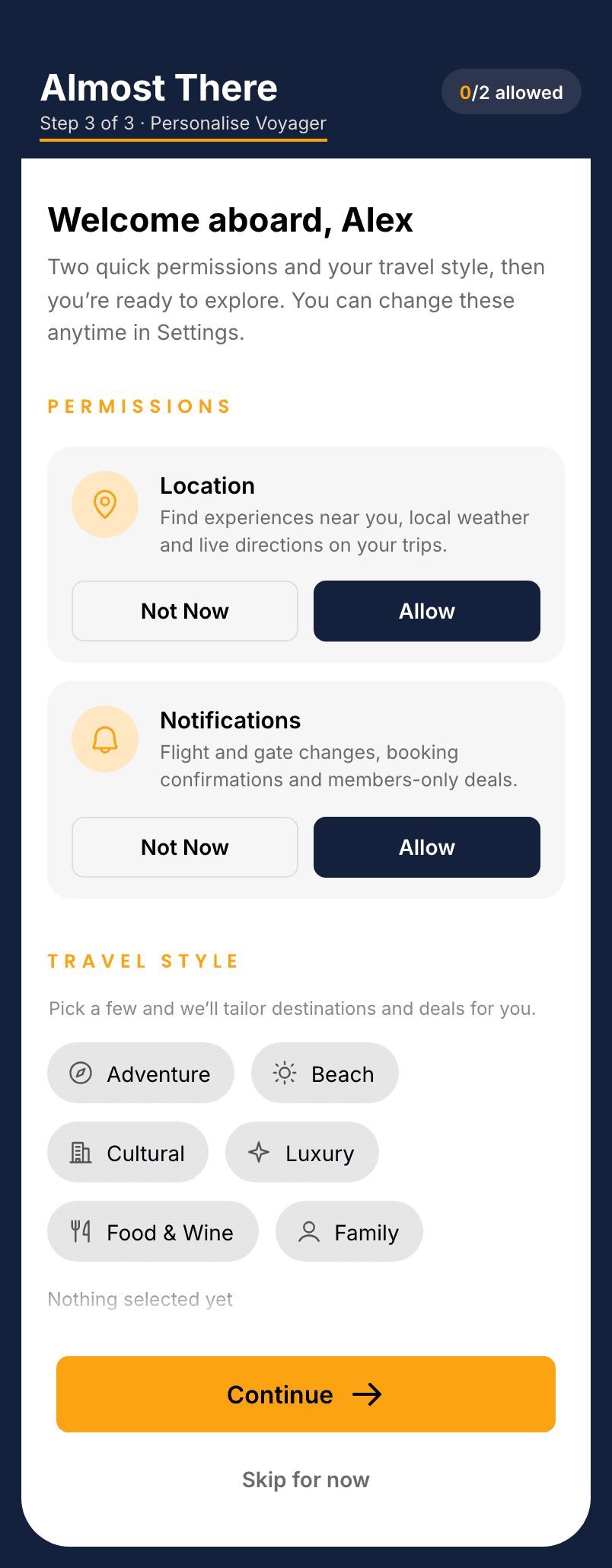 Voyager, Permissions & travel style