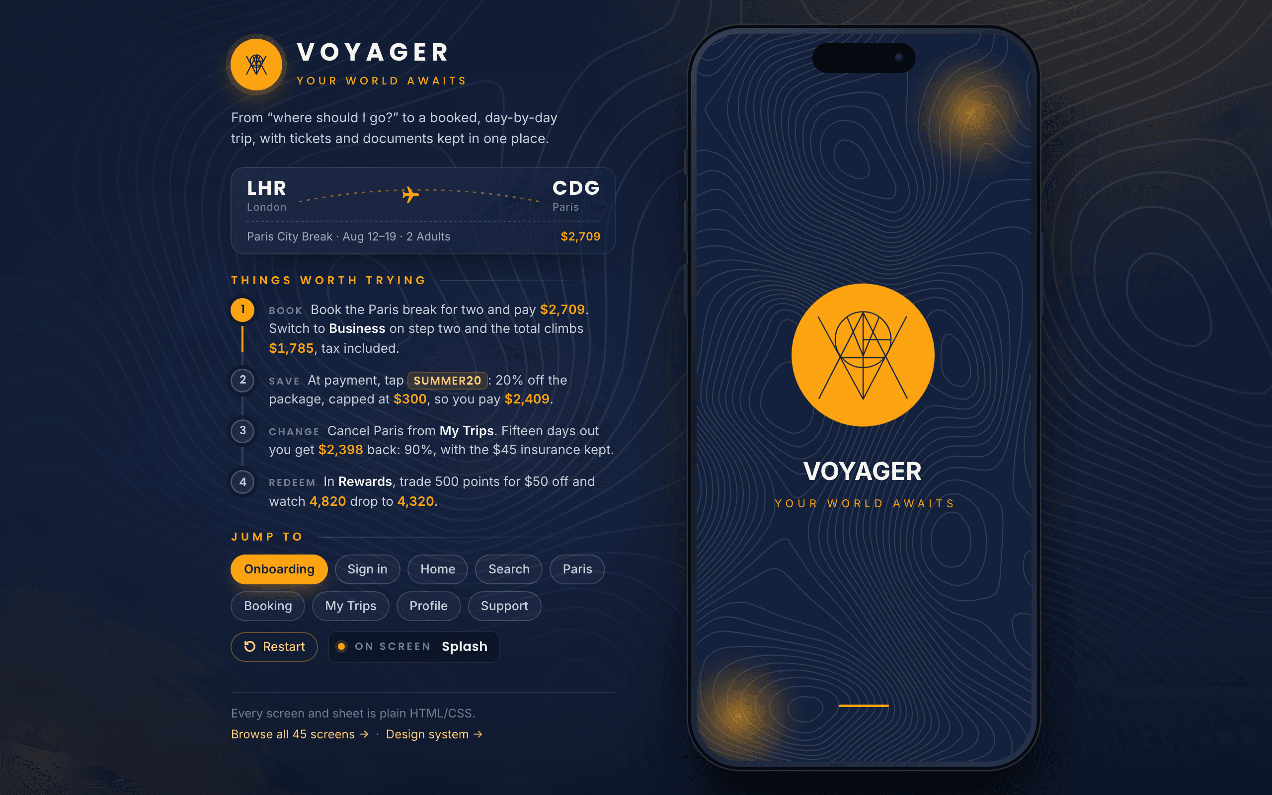 The Voyager demo: the app booting in a handset beside the demo trip, a panel of things to try and jump-to shortcuts for every flow