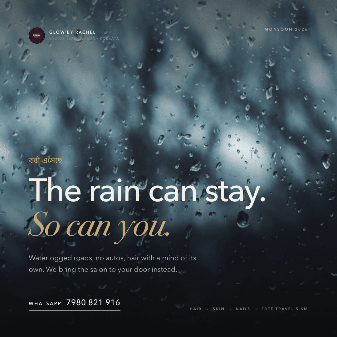 Monsoon campaign: “The rain can stay. So can you,” set over a rain-streaked window, with a WhatsApp number