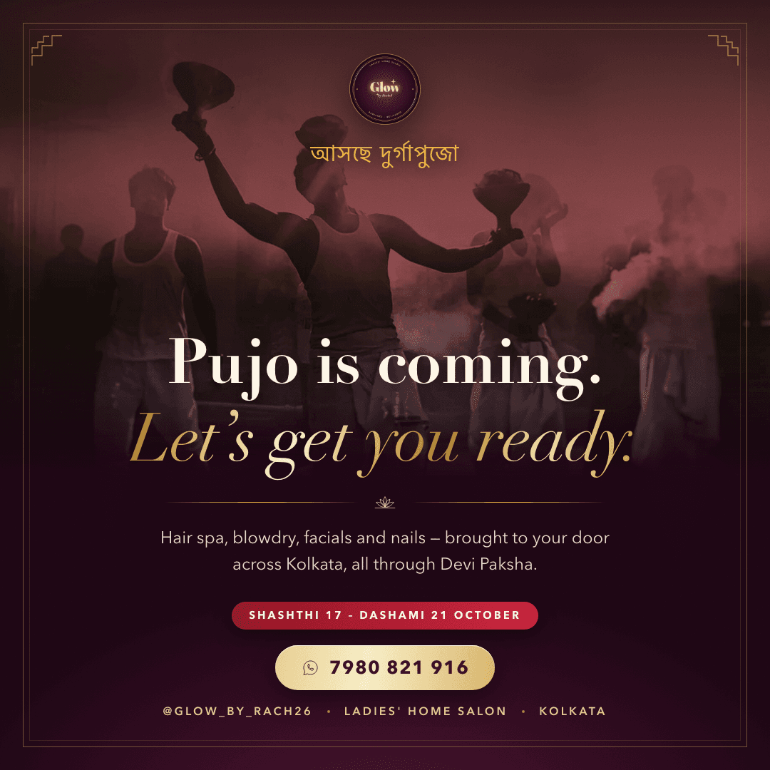 Durga Pujo opener: the Bengali line আসছে দুর্গাপূজা above “Pujo is coming. Let's get you ready,” over a dhunuchi dance in deep maroon and gold