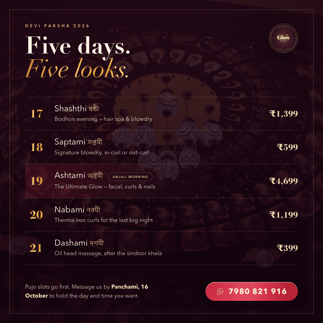 Festival diary: “Five days. Five looks,” a rate card listing Shashthi through Dashami in Bengali and English with a service and a price against each day