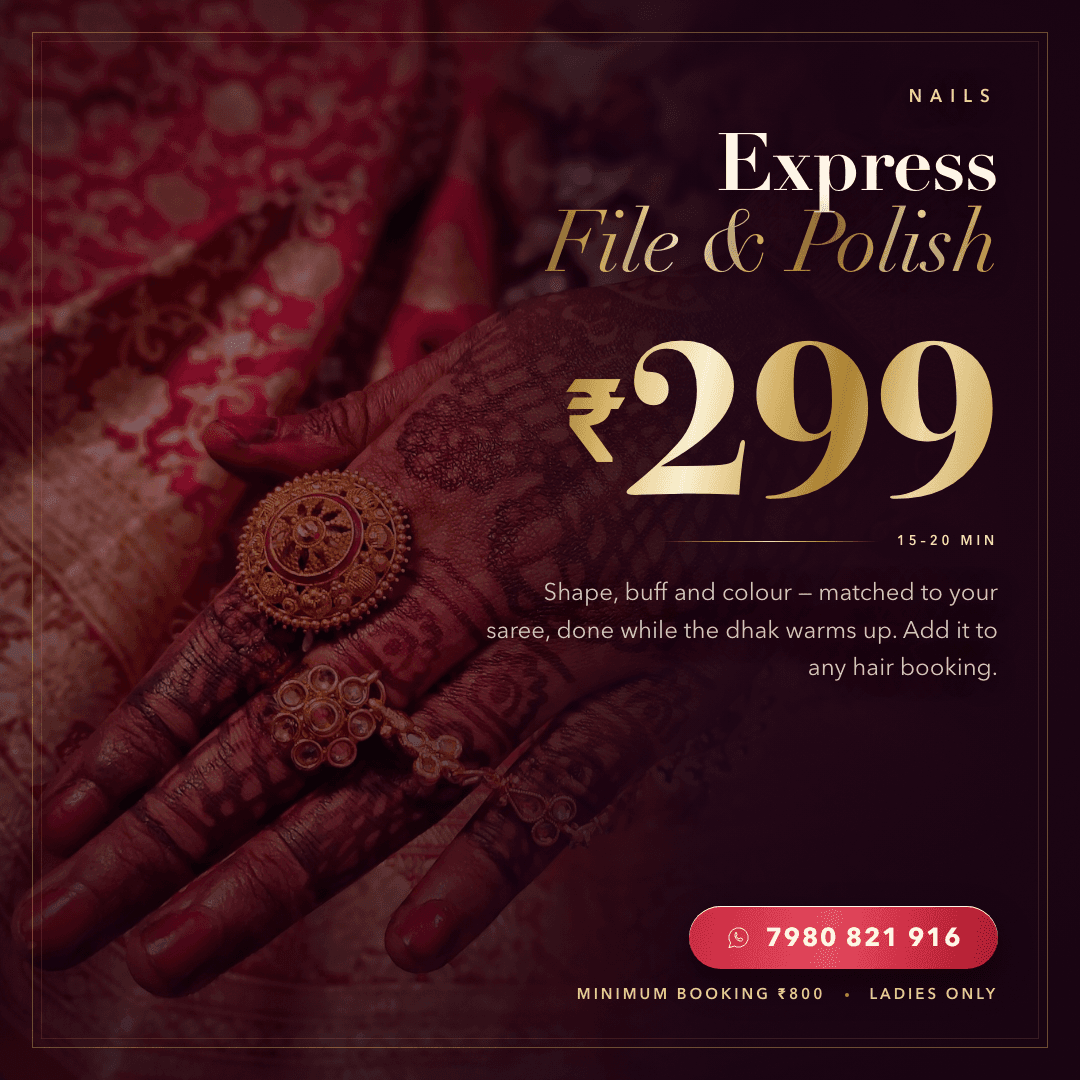Offer graphic: “Express File & Polish, ₹299,” set in gold over a henna-covered hand