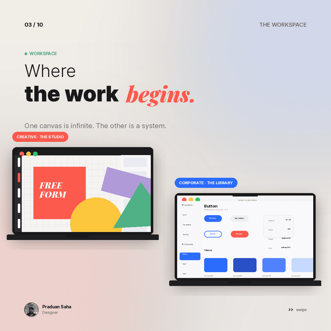 The workspace: a free-form canvas of shapes beside a component library in a laptop, under the line “Where the work begins”