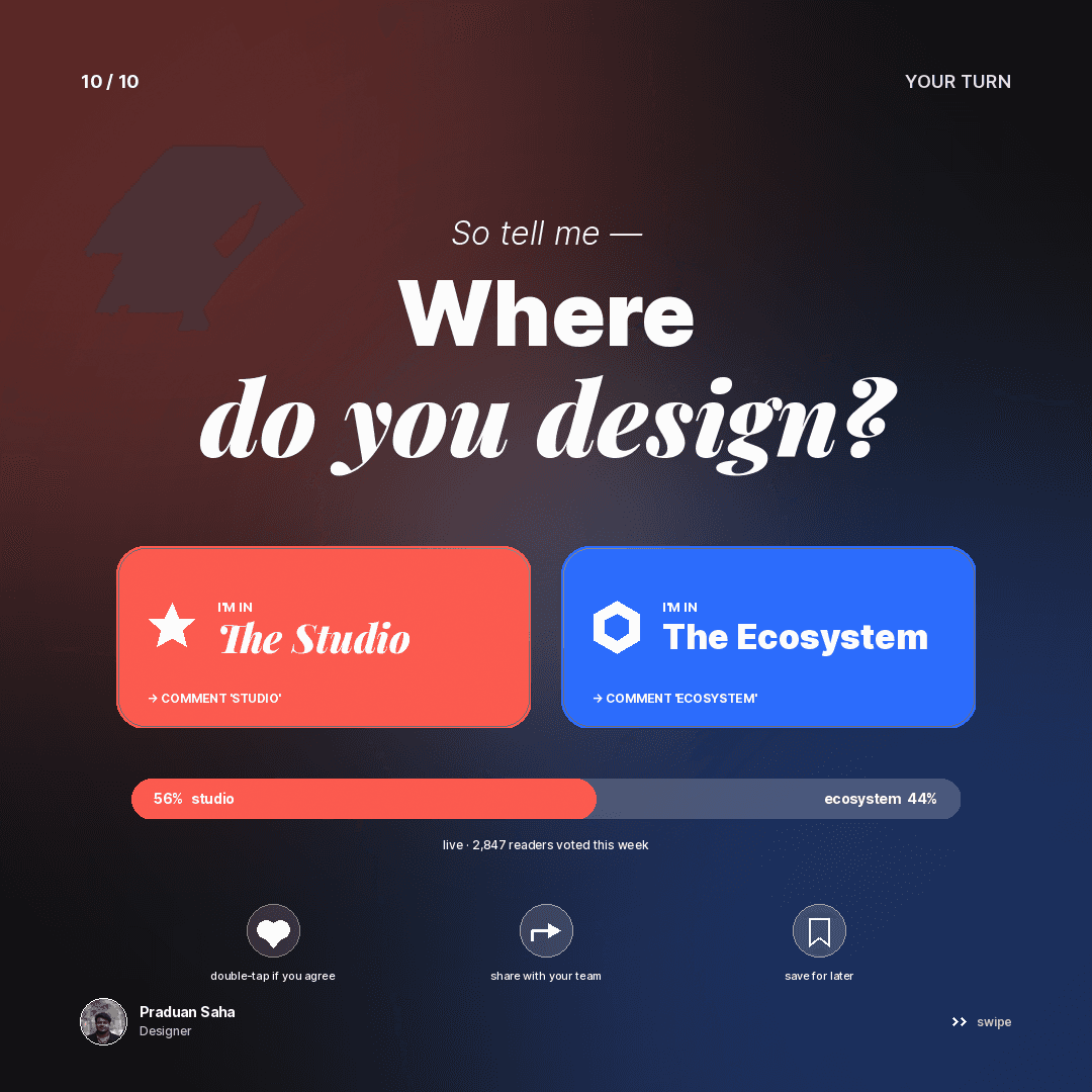 Closing slide: “So tell me — where do you design?” with a two-option poll between The Studio and The Ecosystem