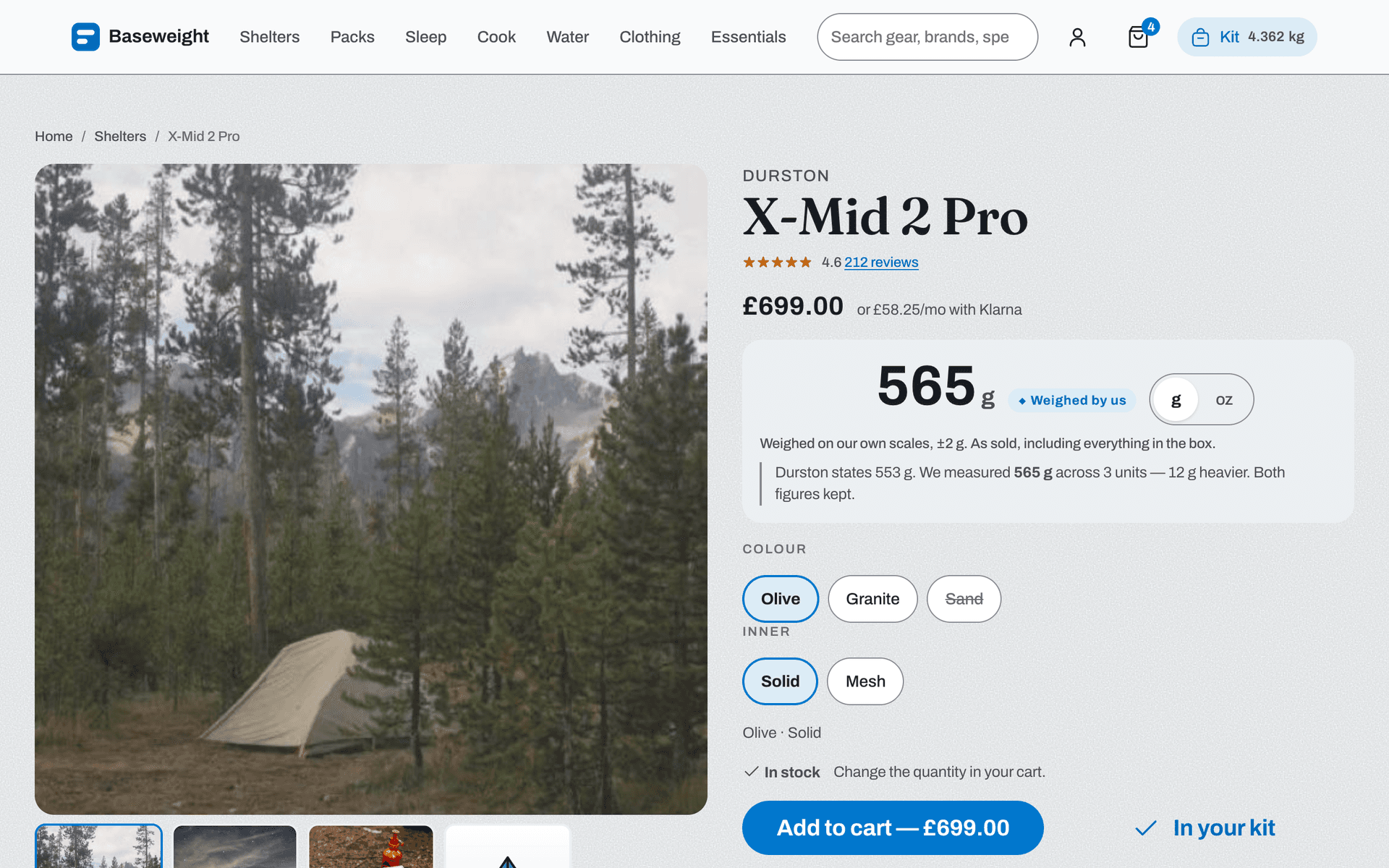 A Baseweight product page: photography, price and variants, with a weight block reading 565 g weighed by us and a note that the maker states 553 g and both figures are kept