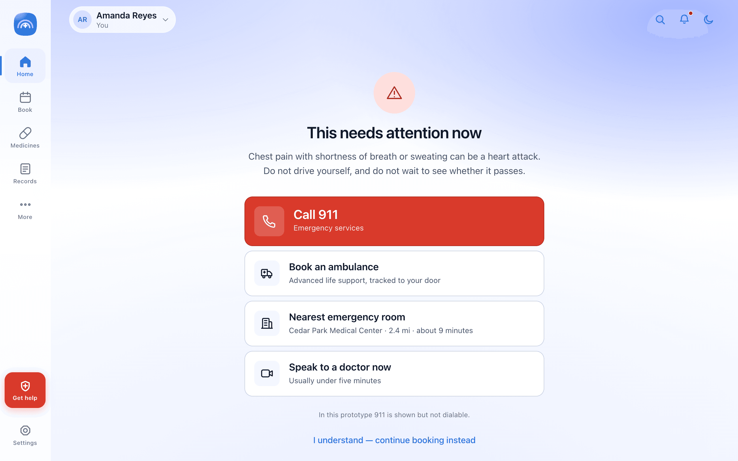 The escalation screen. It interrupts the booking flow rather than appending a warning to it, and it still leaves a way back for the person who knows their own situation better than the questionnaire does.