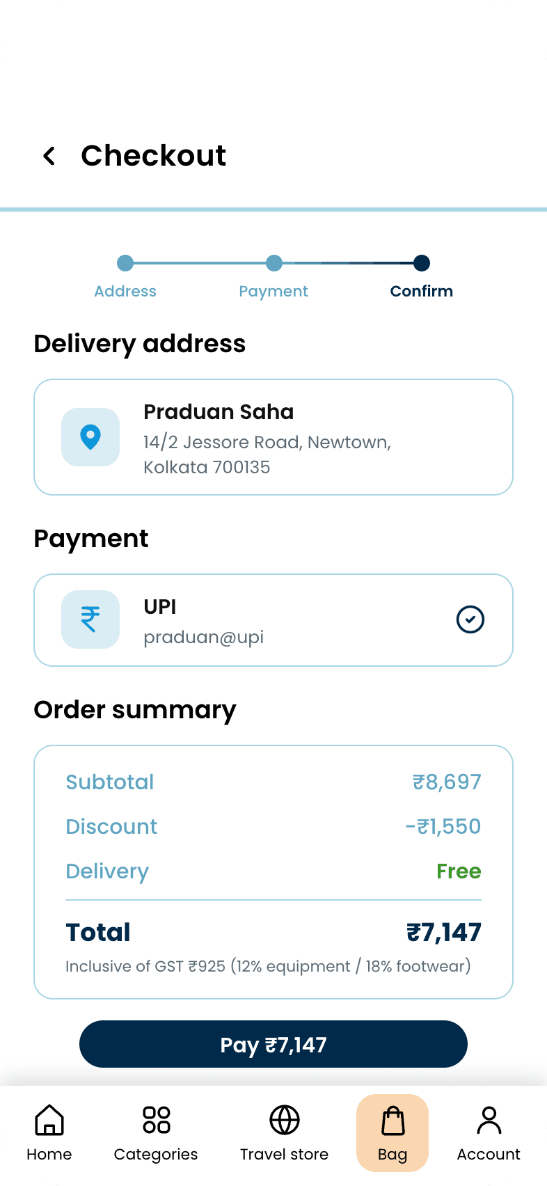 Three steps, one primary action per screen, and the full cost shown before the user commits: a short, low-field flow built against the documented drivers of cart abandonment.