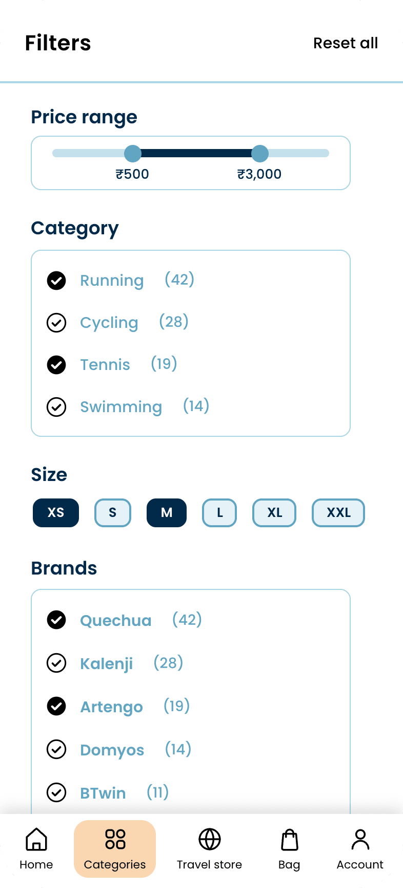 Category counts on each option keep users off zero-result dead ends, and an explicit apply step replaces disorienting live refresh, so a broad query narrows in a tap or two.