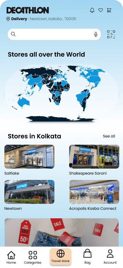 A map of nearby stores with photos keeps the 1,900-store footprint useful on the phone, bridging the catalogue to the physical range a sports buyer often wants to try in person.