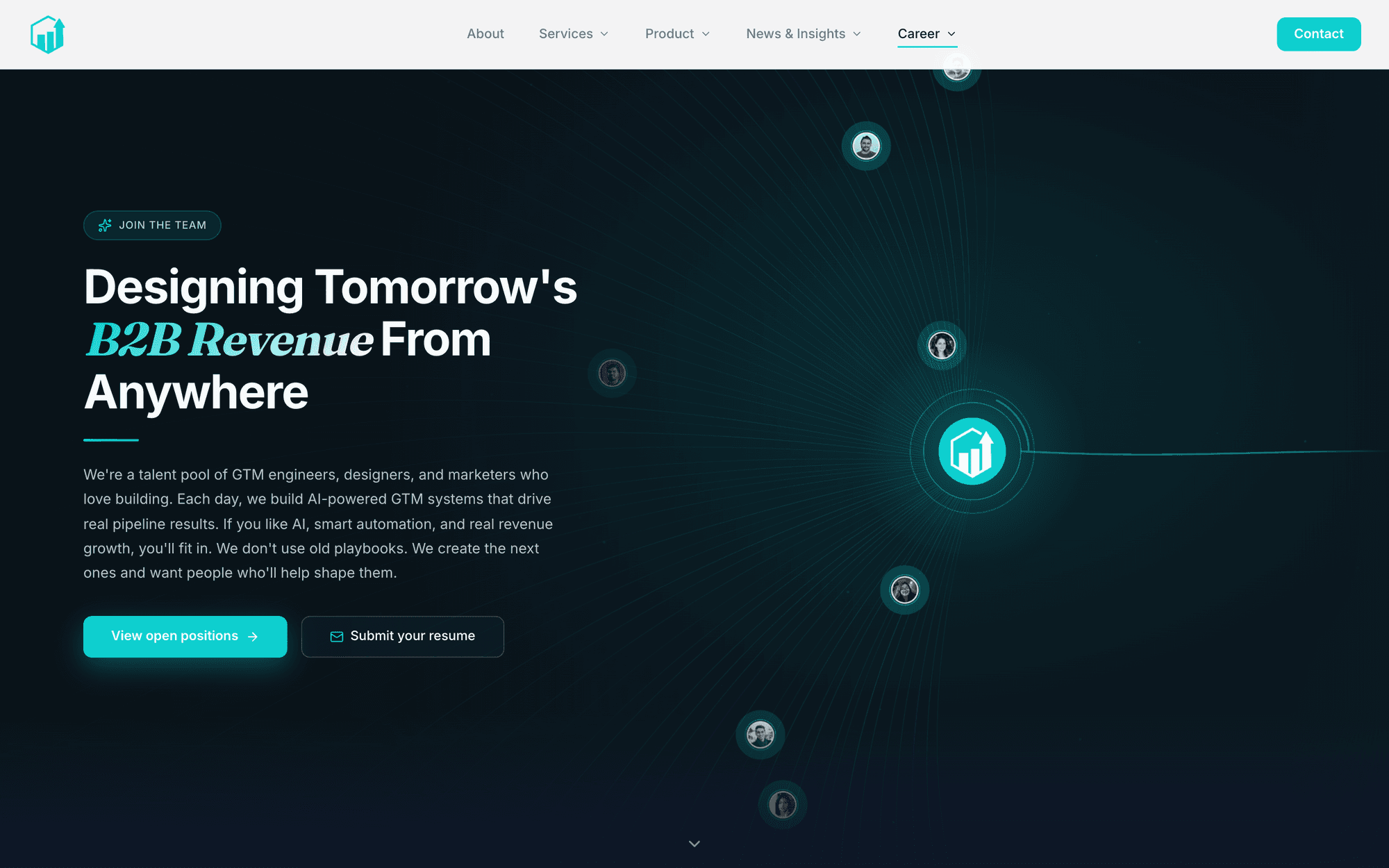 The same system in its dark register, on a page that sells no product: the orbital diagram puts the team where the signal graph puts the mark, so Careers reads as part of the site rather than a detour to a job board.