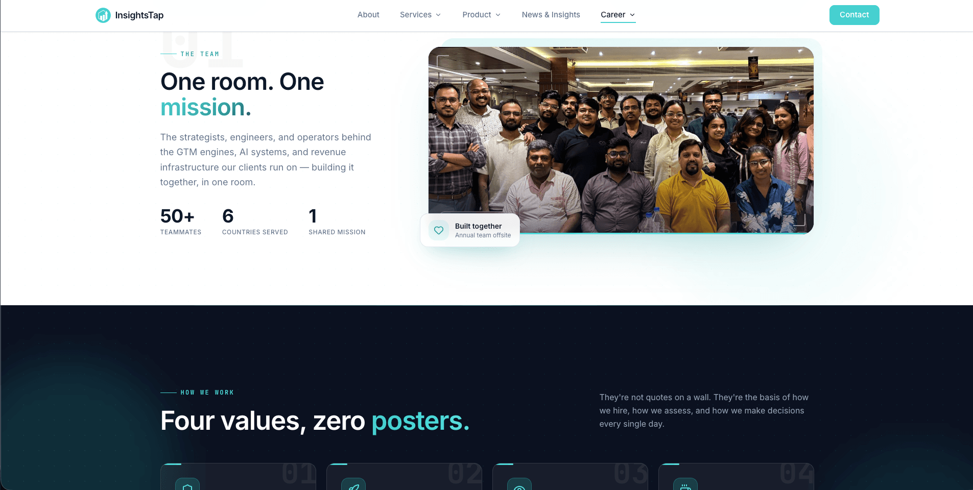 The same high-contrast system carries the brand pages: a metrics band and a values grid built from one component vocabulary, so the About page reads as part of the product, not a detour.