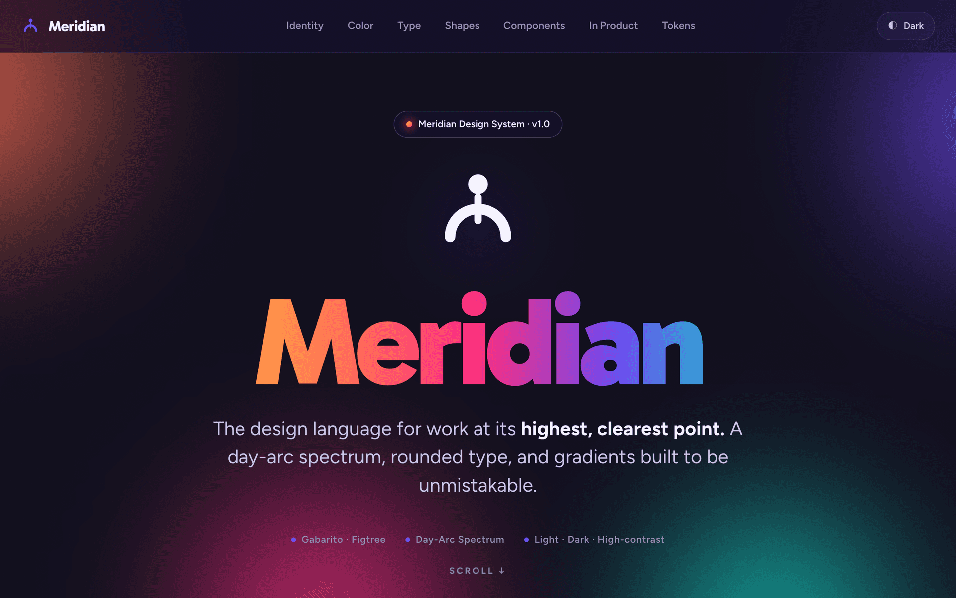 The Day-Arc spectrum, its six named gradients, and the plum-ink neutrals — warm violet rather than cool graphite, so the spectrum glows against the surface instead of sitting on it.