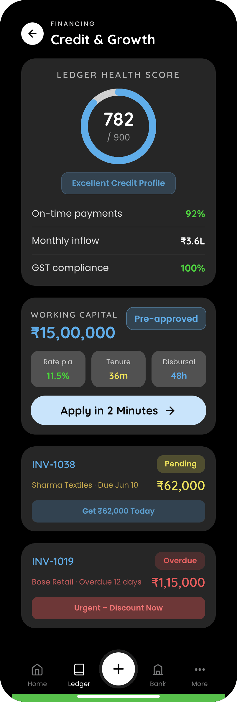 Zoom on the middle card: the Get-₹62,000-today action is pinned to one specific overdue invoice (INV-1038), not a generic offer, discounting a receivable you can see is an easier decision than borrowing in the abstract.